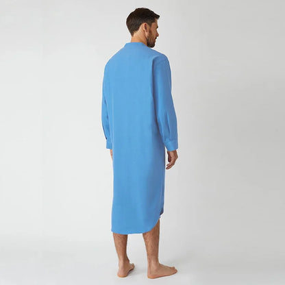 Blue Color Long Sleeved Muslim Long Shirt for Men Solid Cotton Linen Robes Muslim Fashion Arabia Man abaya