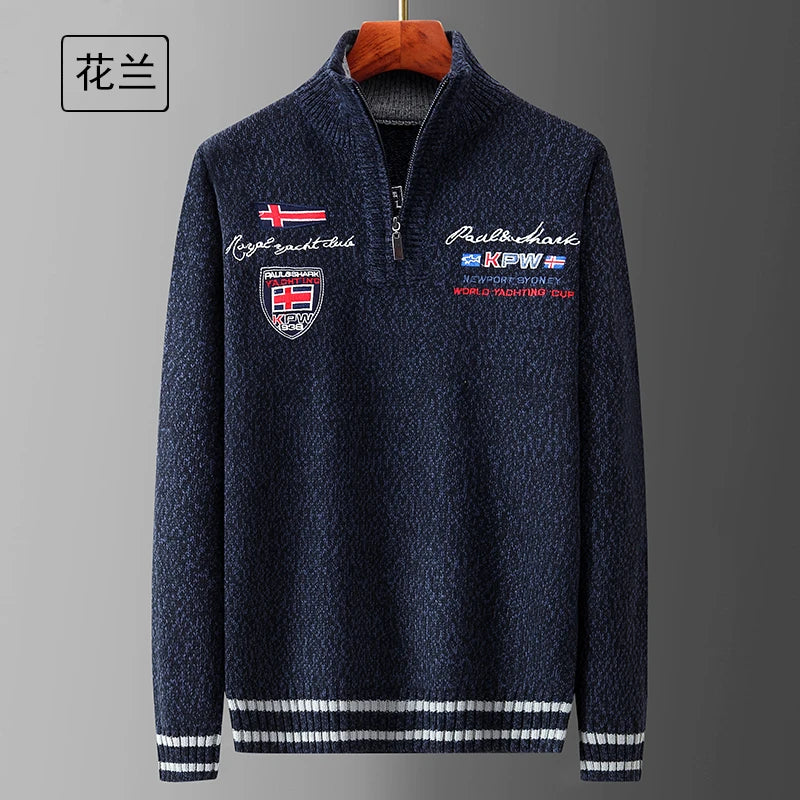 Autumn Sweater Male Shark Clothing Cotton Wool Jumpers Pullover Coats Jacquard Christmas Knitted Half Turtleneck zip