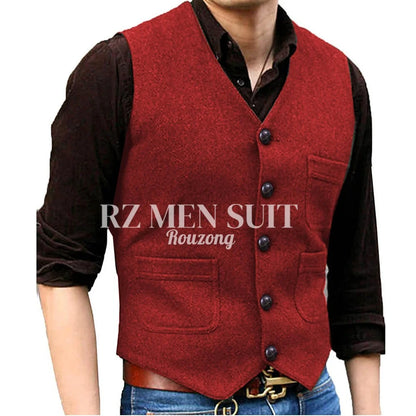 Mens Vintage Tweed Suit Vest V Neck Casual Wool Waistcoat for Wedding Groomsmen chaleco hombre