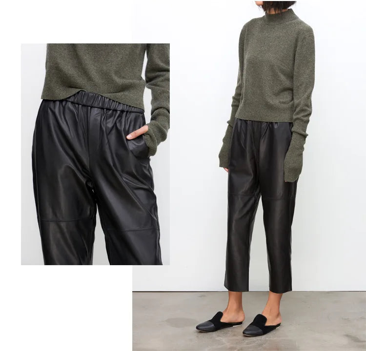 2026 New Streetwear Plus Size Pants Y2k Fashion Genuine Leather Harem Pants Women Real Sheepskin Trousers High Elastic Waist