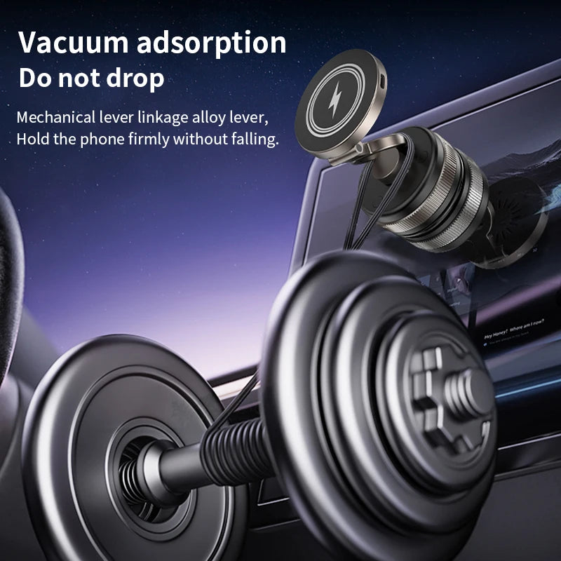 Folding 15W wireless charging car phone holder vacuum suction 360 ° rotating magnetic support bracket