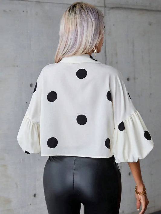 Elegant Casual Large Polka Dot Women's Bubble Sleeve Shirt Fashionable Vintage Print Top for Women