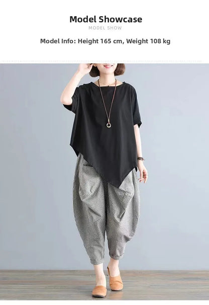 Cotton Blend Loose Fit Casual Women's T-irt And Harlan Pants Set Single Piece Summer Faion Ensemble for plus Size