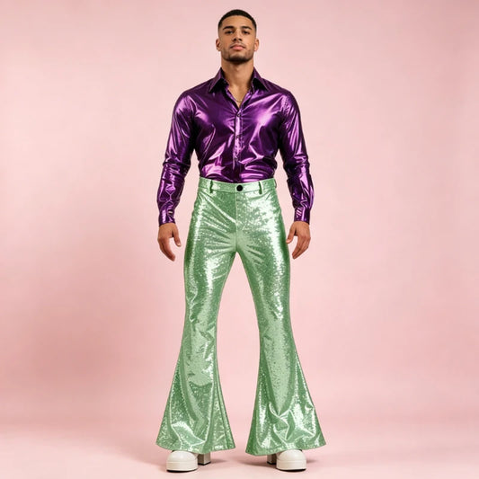 Men's Sequin Flare Pants High Waist Sparkly Bell Bottom Trousers Shiny Glitter Stretchy Breathable for Stage Performance Party
