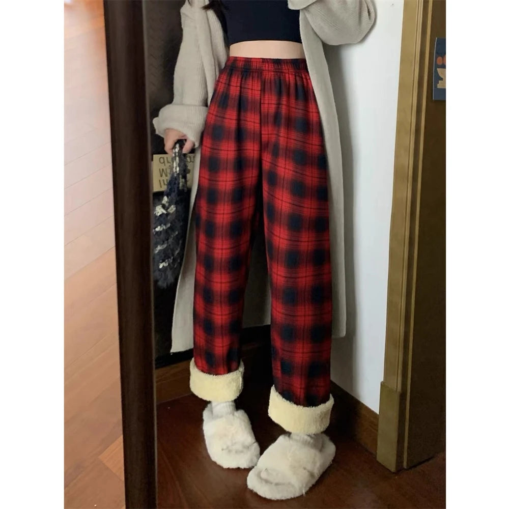 Lamb Velvet Fce Lined Thi Plaid Casual Pants Women's Autumn Winter Loose Straight Leg Wide Leg Cotton Spwear Trousers