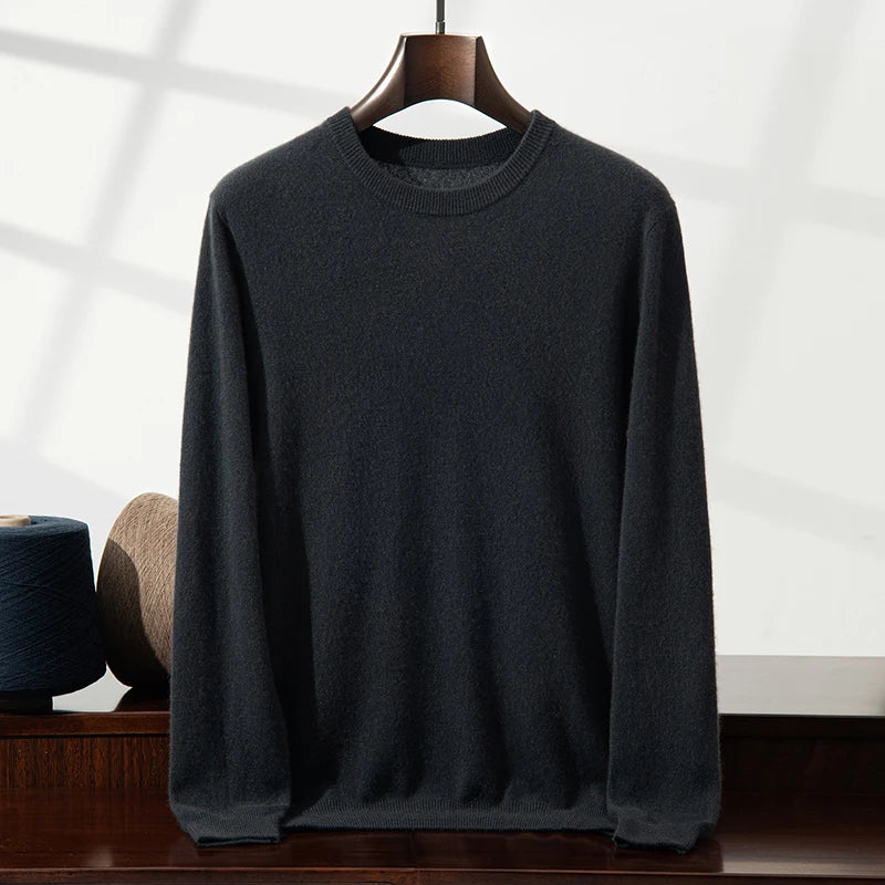 100% Cashmere Men's Pullover Business Casual Solid Knitted Sweater Loose Pull Round Neck Collar Tops Basic Versatile Jumper