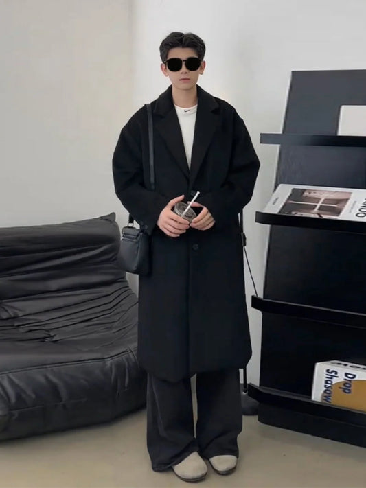 Thickened Mid-Length Woolen Men's Coat Black Intellectual Style Korean British Fashion Winter Outerwear Warm Long Sleeve Coat