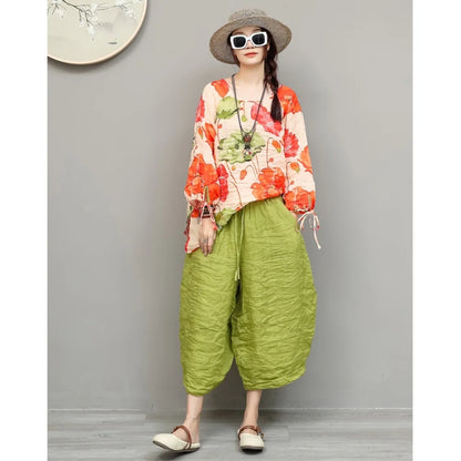 Artistic Ramie Suit Women Summer Floral Tie-up Top + Loose Wide-leg Cropped Pants Two-piece Set XY336
