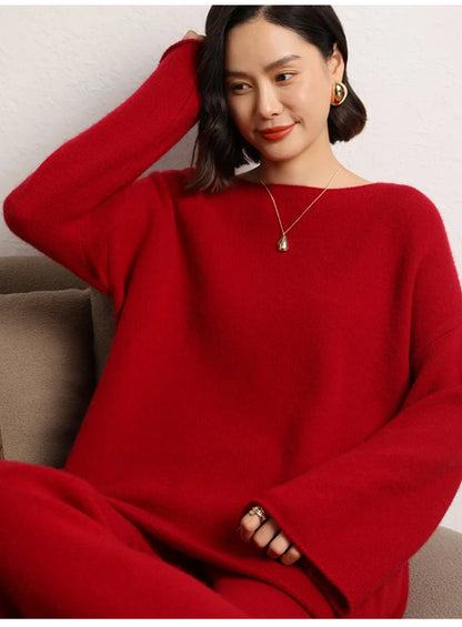 Women's 100% Cashmere Wide Leg Pants Knitted Thick Autumn/Winter Casual Solid Color Elastic Waistband Pockets
