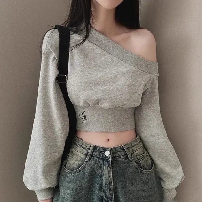 Slim Fit Long Sleeve Hoodie Women's Style Irregular Collar Show Shoulder Waist Cinching Short Length Commute Fashion  Color
