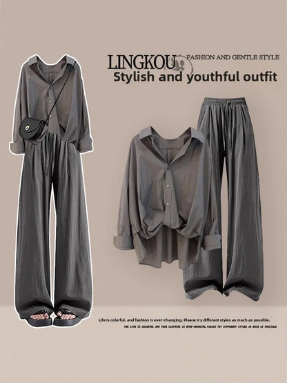 Summer Vintage plus Size Set Women's Fashion Asymmetrical Long Sleeve Thin Shirt Versatile Slimming Casual Pants Two Piece Set