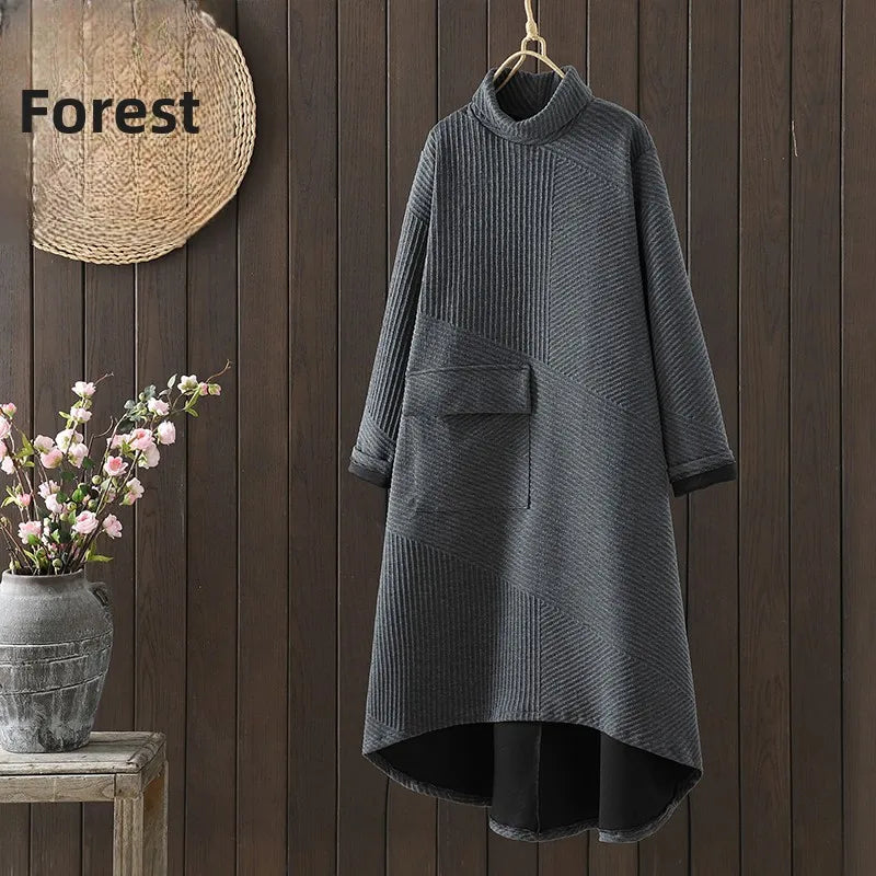 Retro Artistic High Collar Long Sleeve Midi Dress Loose Fit Autumn Winter plus Size  Color Commute Style Korean Fashion