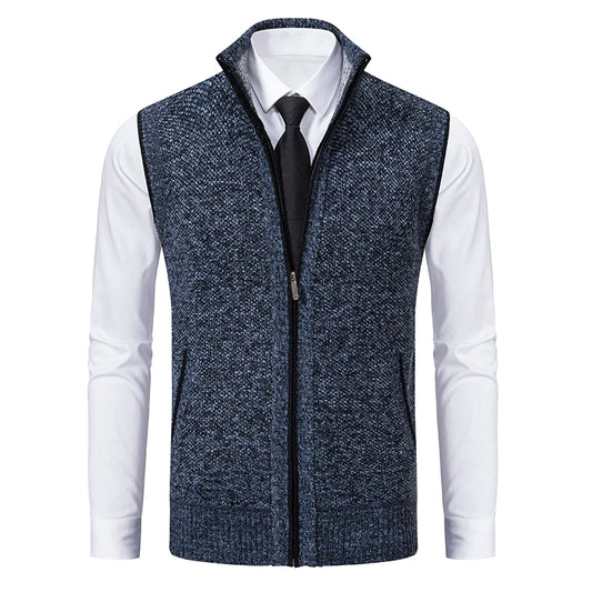 Men's Sleeveless Knit Cardigan, Stand Collar Lightweight Warm Fleece Thick Jacket Vest, Casual Business Outdoor Sports, Fall Win