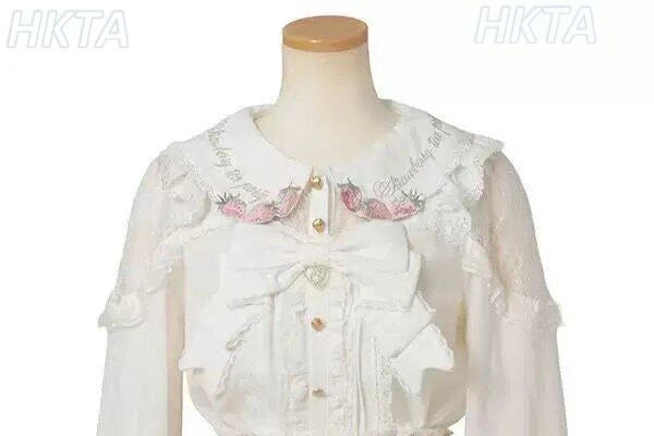 Japanese Mass Produced New Sweet Doll Collar Lolita Strawberry White Shirt Female 2026 Spring Pleated Lace Bow Blouses Top Women