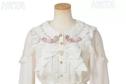 Japanese Mass Produced New Sweet Doll Collar Lolita Strawberry White Shirt Female 2026 Spring Pleated Lace Bow Blouses Top Women