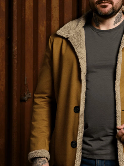Winter Men's Faux Fur Casual Coat, Thickened Button Closed Lapel Overcoat Cotton-Padded Jacket Warm And Windproof Men's Clothes