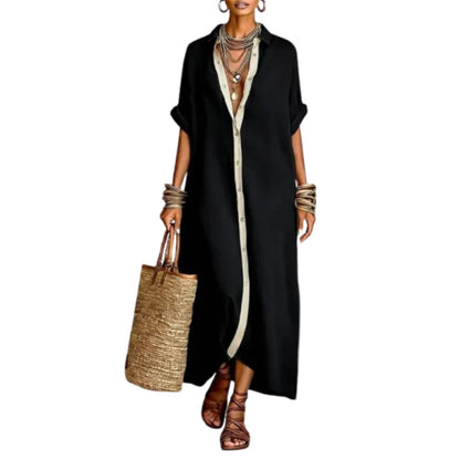 UOOZEE Women's Contrast Trim Minimalist Shirt Dress 2026 New Half Sleeves Loose Buttoned Casual Going Out Vacation Maxi Dresses