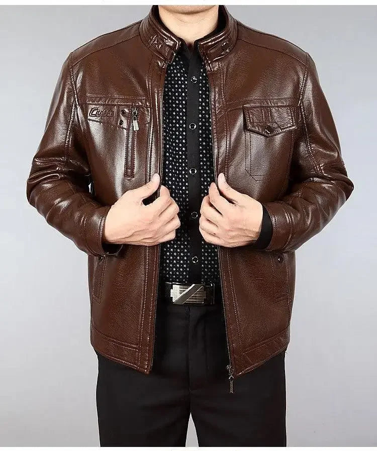 Autumn Winter Men Leather Jacket Fleece Warm Retro Business Casual PU Leather Coat Zipper Long Sleeve Windproof Outerwear New