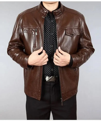 Autumn Winter Men Leather Jacket Fleece Warm Retro Business Casual PU Leather Coat Zipper Long Sleeve Windproof Outerwear New