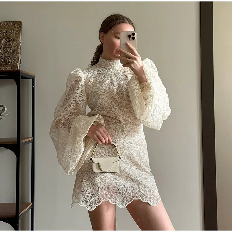 Trendy Lady Hollow Out Lace Mini Dress Elegant 2025 New Long Sleeve Designs Chic High Neck Short Vestidos Autumn Club Night Gown