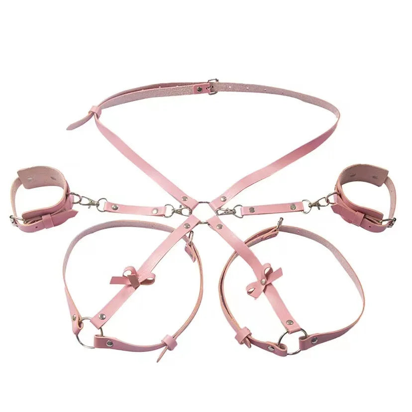 Exotic Accessories SM Bondage Kit Leather Thigh Cuffs Waist Belt Handcuffs Bed Strap Adult Role Play Toy for Couples