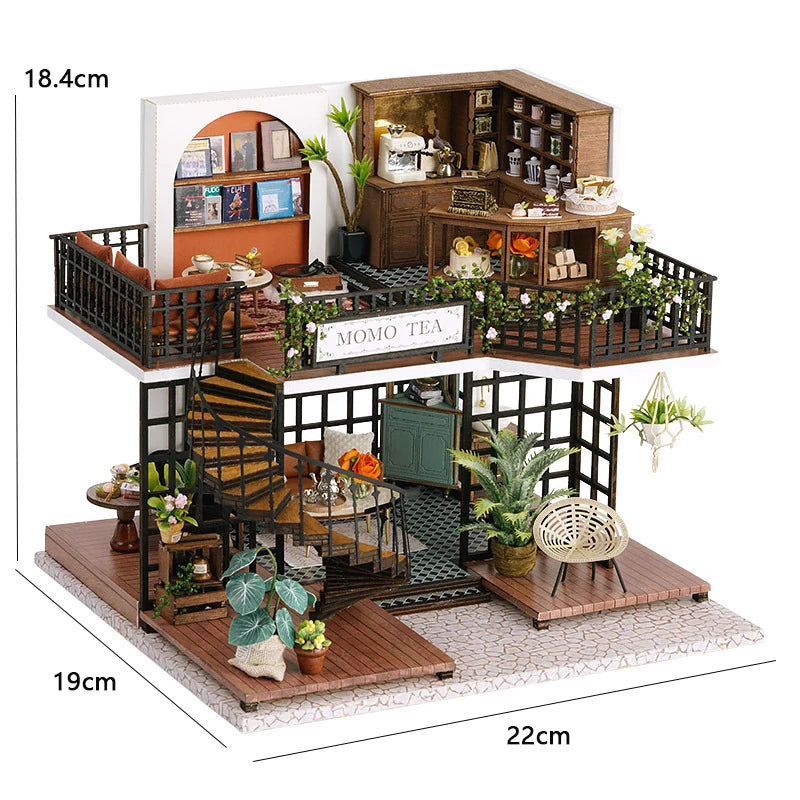 Zuuton Retro Coffee House DIY Miniature Dollhouse Kit 3D Wooden Puzzle Loft Building Kit with LED Light and Full Furniture Gifts