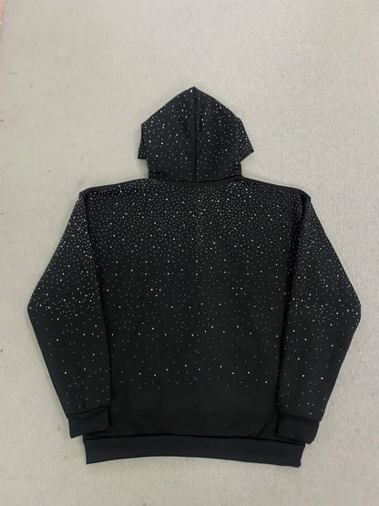 Gothic INS Trend Rhinestone Studded Hoodie 2026 Autumn Winter Solid Color Loose Outerwear Unisex Daily Commute Casual Top