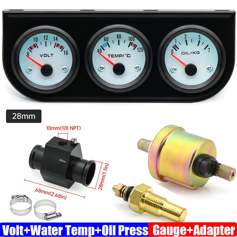 3IN1 Triple Meter Kits Gasoline Car 12V 52mm Voltage+Water Temp+Oil Pressure Gauge with Sensor Radiator Hose Adapter 26MM-40MM