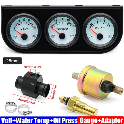 3IN1 Triple Meter Kits Gasoline Car 12V 52mm Voltage+Water Temp+Oil Pressure Gauge with Sensor Radiator Hose Adapter 26MM-40MM
