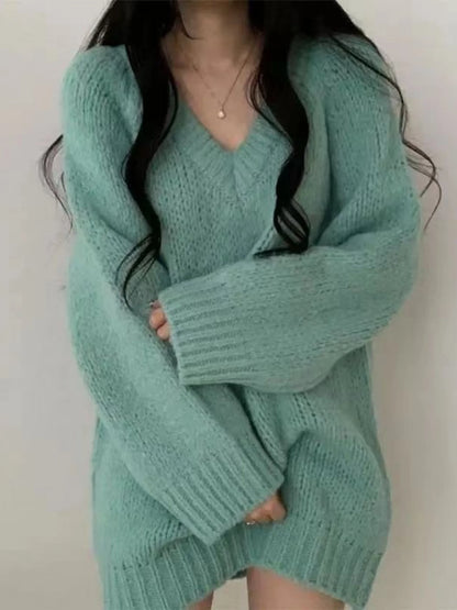 plus Size Lazy Style V-Neck Soft Cozy Knitted Sweater Women's Autumn Winter Loose Small Figure Top Retro Style Loose Fit Knit...