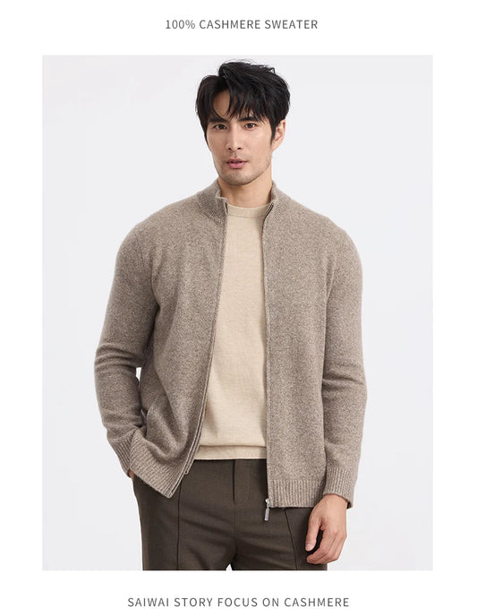 New 100% pure cashmere sweater sweater coat men's semi-high-necked zipper cardigan floral yarn padded warm coat