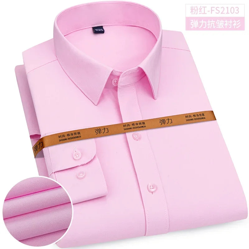 New Men's Shirt Long Sleeve Tooling Elastic Business Slim-fit Non-ironing Long Sleeve High-end Solid Color Men's Casual Shirts