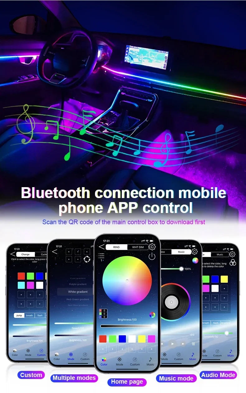 10/14/18/22 in 1 Dual Zone Hidden Acrylic RGB 64/213 Color Symphony Streamer Auto Interior Car Ambient Light Kit APP Control 12V