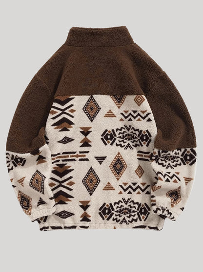 Men's Aztec Ethnic Style Color Block Sherpa Fleece Stand Collar Jacket Winter Thick Warm Fleece Casual Coat