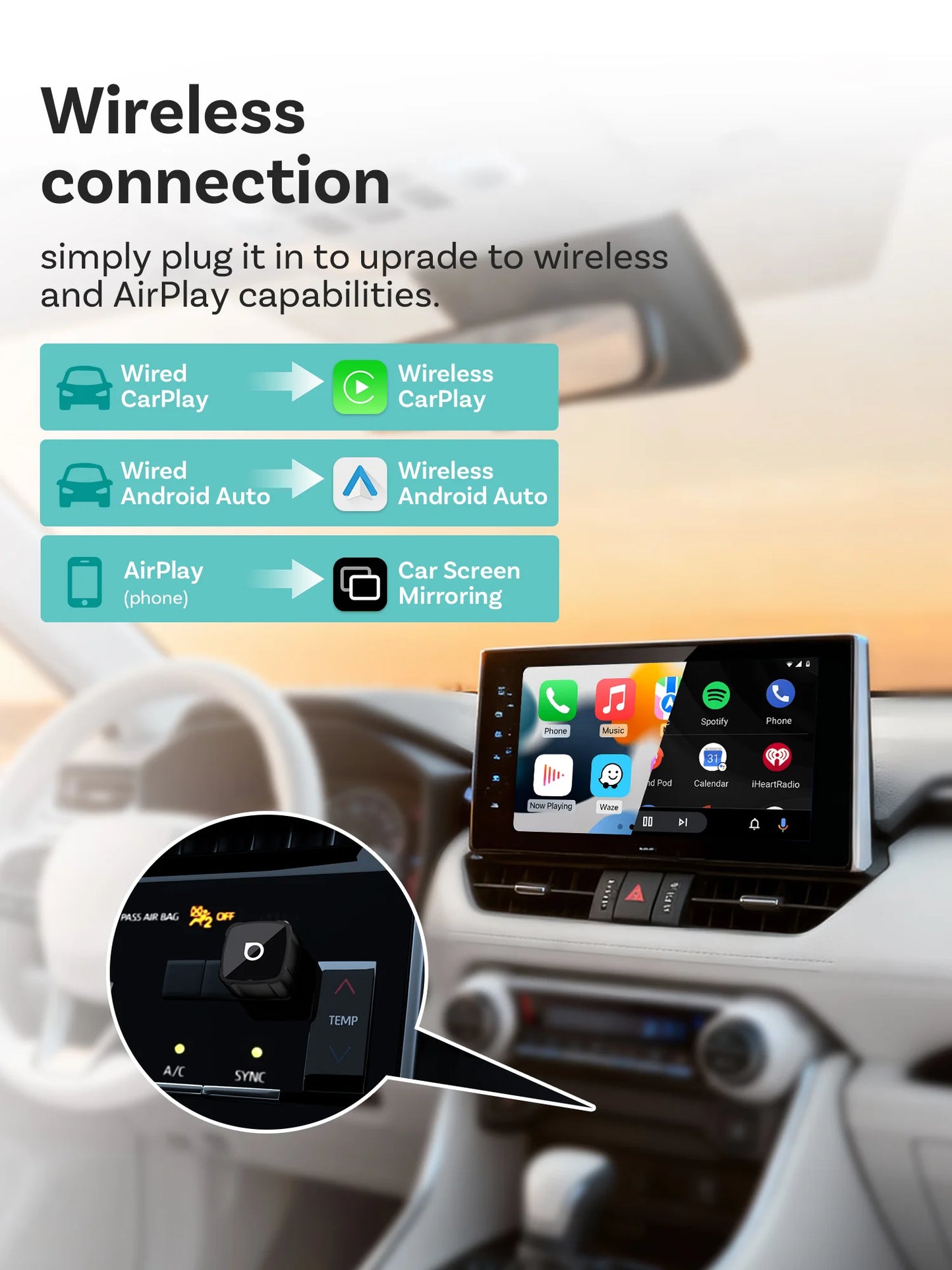 Ottocast Mini Air Wireless CarPlay Android Auto AirPlay Adapter 3 in 1 Plug and Play Wireless Mirroring For Youtube Tiktok IPTV