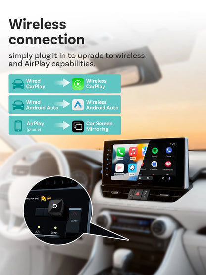 Ottocast Mini Air Wireless CarPlay Android Auto AirPlay Adapter 3 in 1 Plug and Play Wireless Mirroring For Youtube Tiktok IPTV