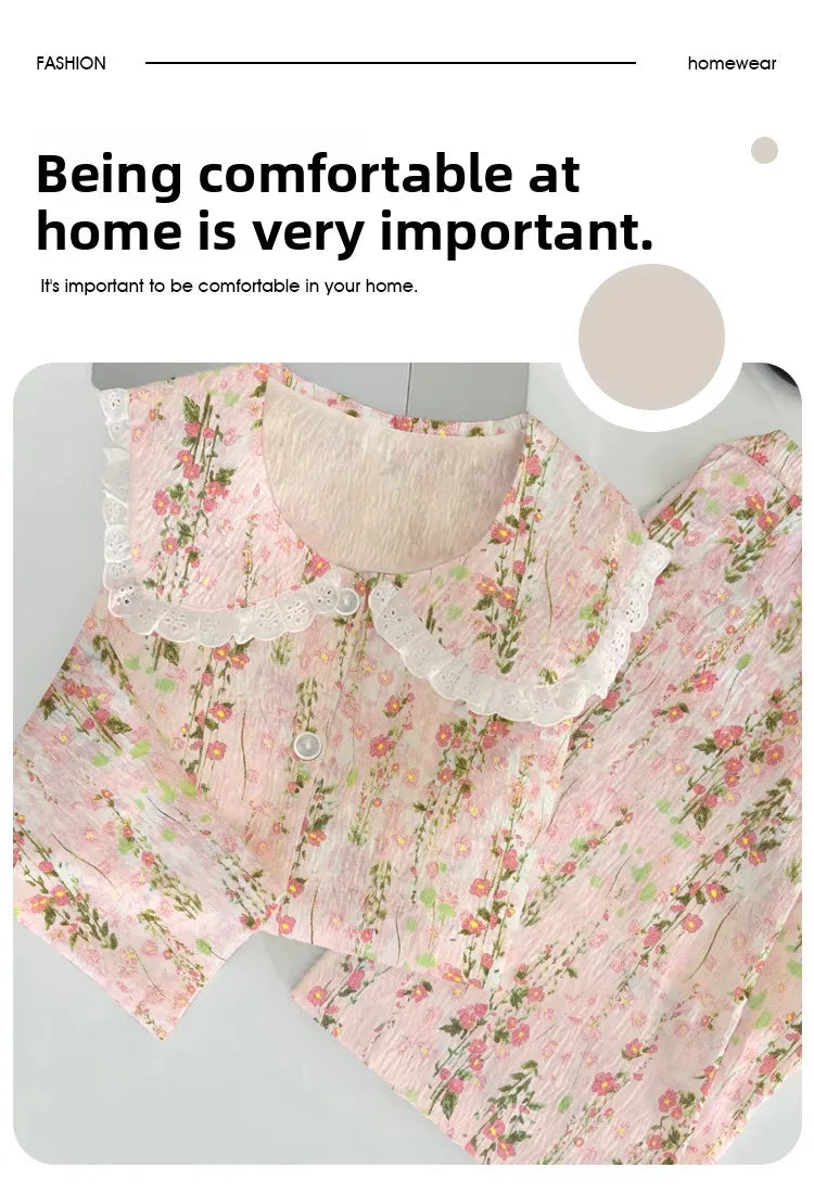 Cloud Cotton Sleepwear Set for Women Casual Spring Autumn Long Sleeve Long Pants Home Clothes  Plant Floral Print