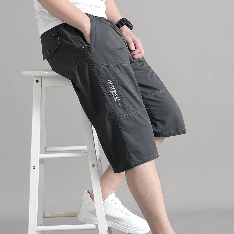 Summer Zipper Pocket Workwear Shorts Mens Knee Cargo Pants 2026 Cotton Shorts Men Climbing Jogger Elastic Waist Sports Work Wear