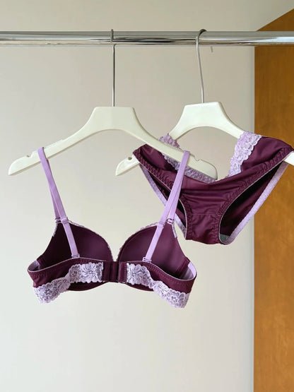 Sexy Purple Lace Lingerie Set for Women Push Up Bra No Underwire Small Bust Fit gathering Cups Lift Petite Cute Panties YUQI