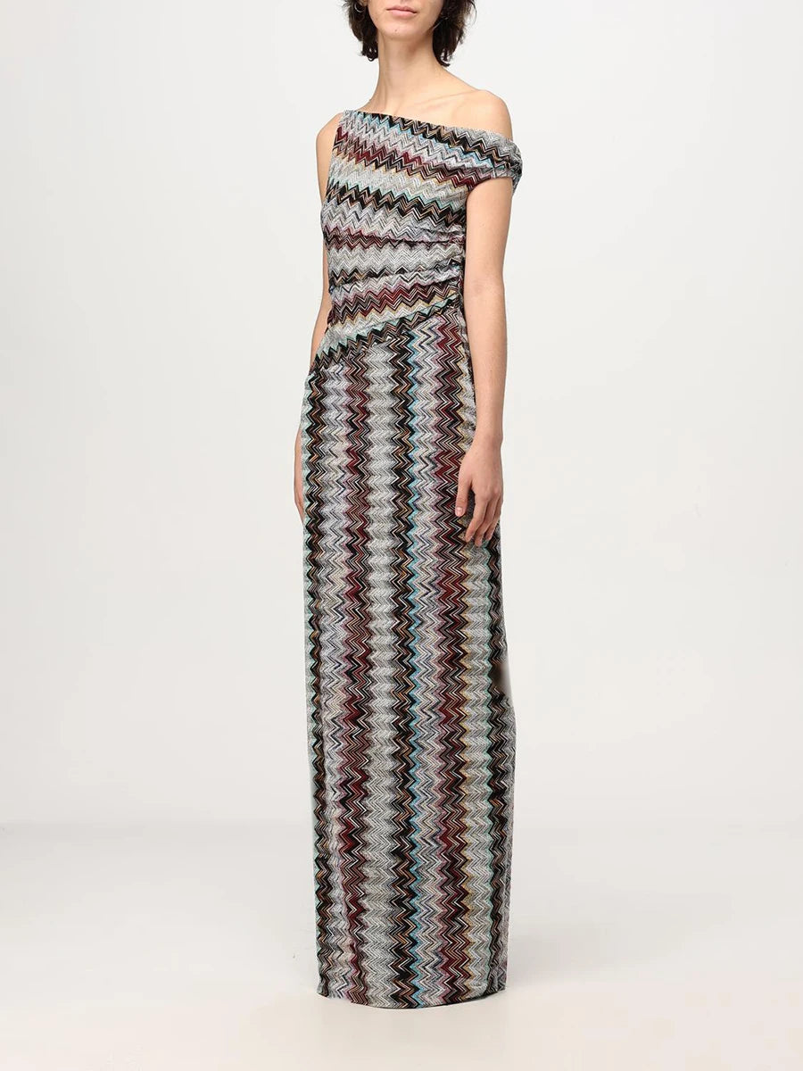 VGH Vacations Colorful Print Maxi Dress for Women Off One Shoulder Slimming Zigzag Design Asymmetrical Skirt for Casual Outings