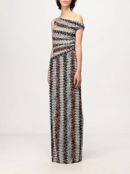 VGH Vacations Colorful Print Maxi Dress for Women Off One Shoulder Slimming Zigzag Design Asymmetrical Skirt for Casual Outings