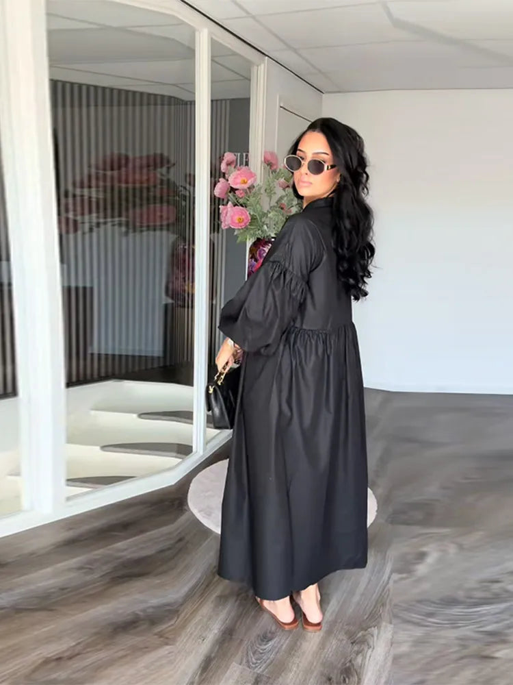 Casual Long Dress Women Solid Loose O Neck Single Breasted Full Lantern Sleeve High Waist Robe 2026 Spring Fashion Dresses Lady