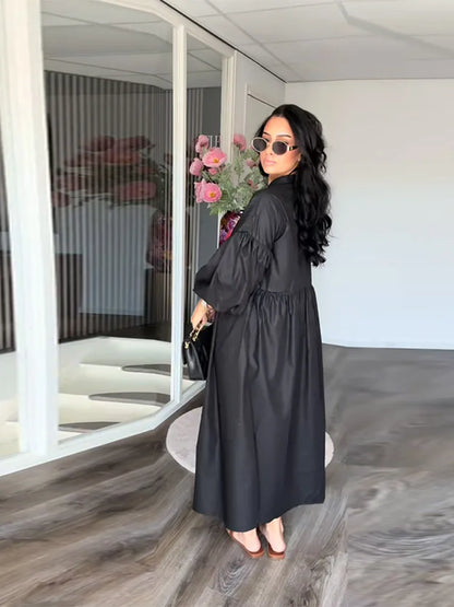 Casual Long Dress Women Solid Loose O Neck Single Breasted Full Lantern Sleeve High Waist Robe 2026 Spring Fashion Dresses Lady