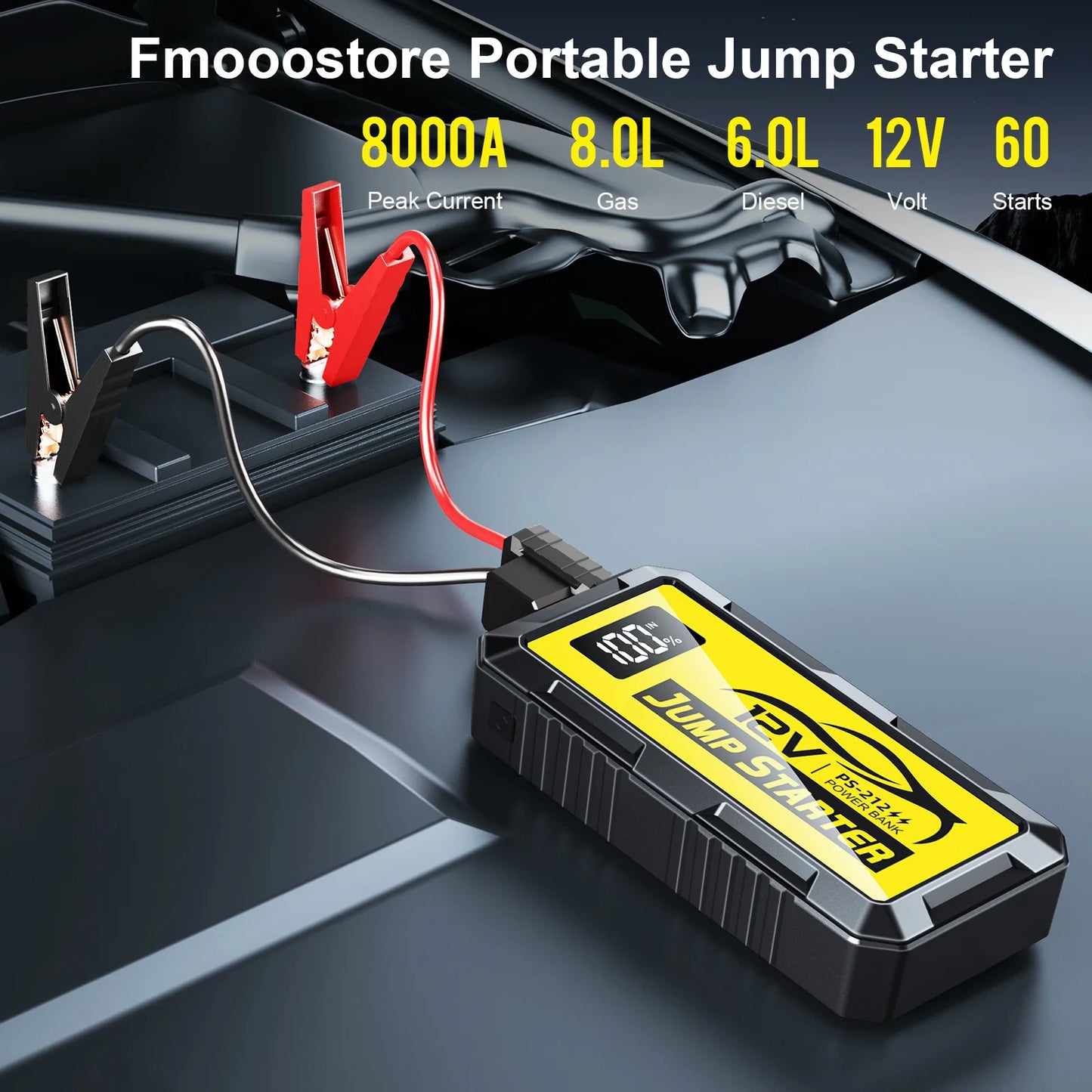PSOOO 12V 8000A 27000mAh High-capacity portable Car Jump Starter,Multifunctional car booster with lighting charging capabilities