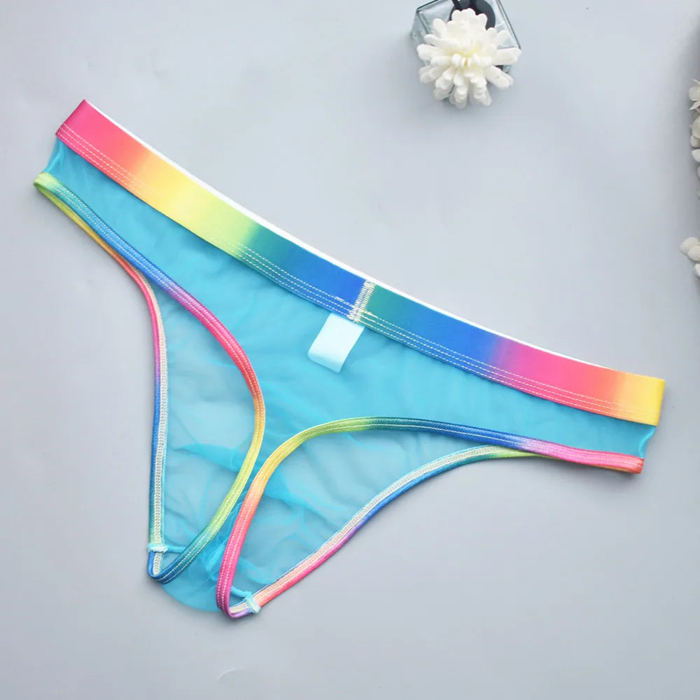 Transparent Mesh Men's Thongs with Rainbow Waistband - Sexy Breathable Underwear Perfect for Special Nights & Casual Use