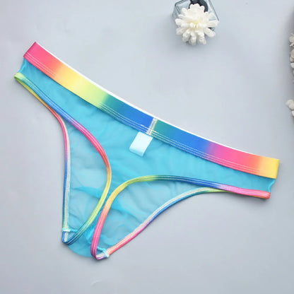 Transparent Mesh Men's Thongs with Rainbow Waistband - Sexy Breathable Underwear Perfect for Special Nights & Casual Use