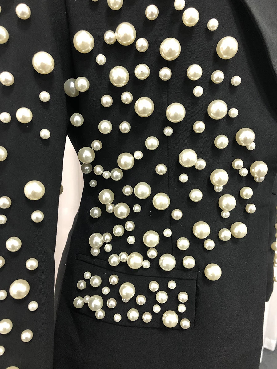 TWOTWINSTYLE Spliced Pearls Two Piece Set for Women Lapel Long Sleeve Irregular Top High Waist Mini Skirt Office Suit Female New