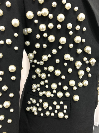 TWOTWINSTYLE Spliced Pearls Two Piece Set for Women Lapel Long Sleeve Irregular Top High Waist Mini Skirt Office Suit Female New