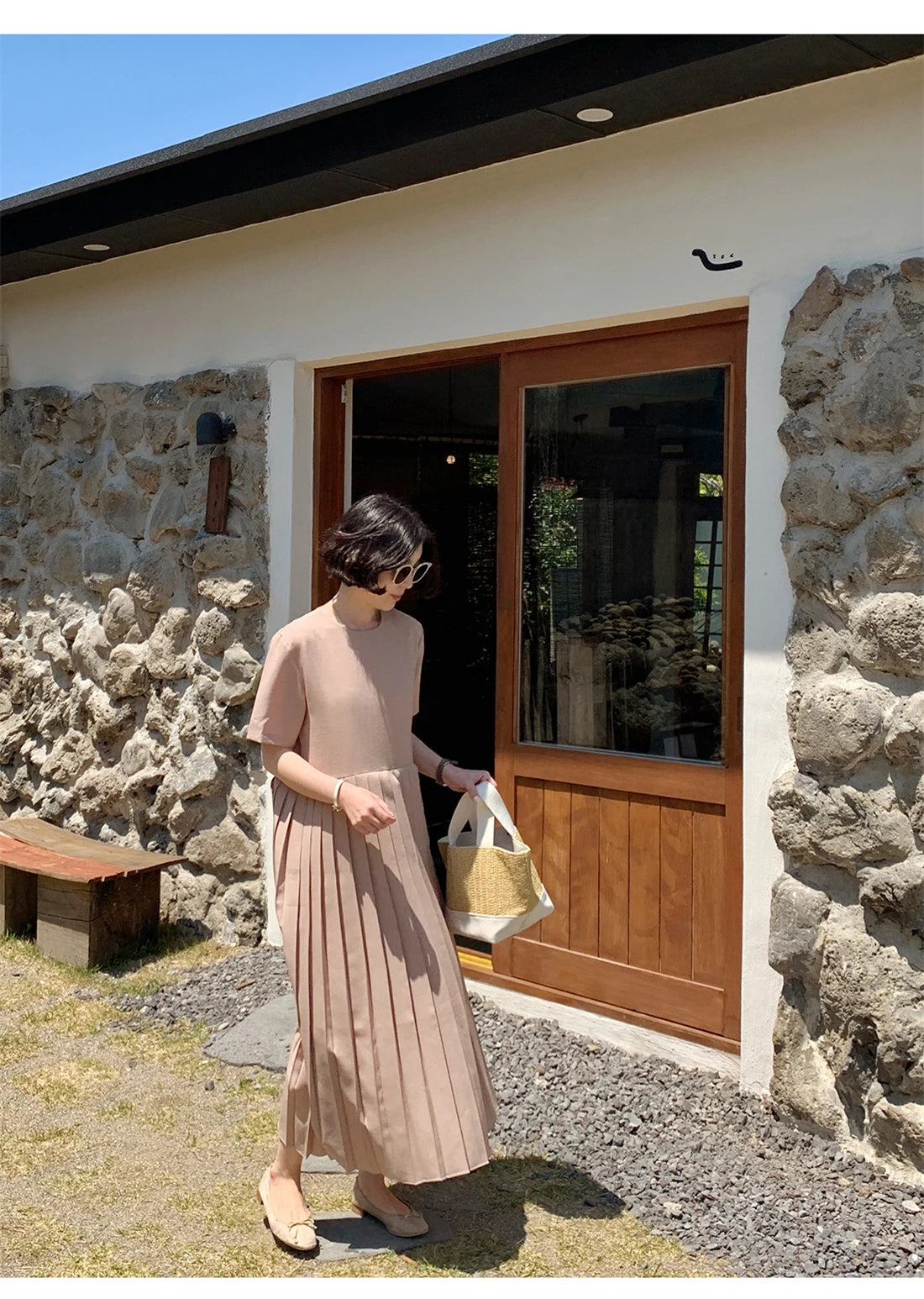 Elegant Short Sleeve Midi Dress for plus Size Women Summer Loose Slimming T-Shirt Long Skirt High Waist Pleated Dress