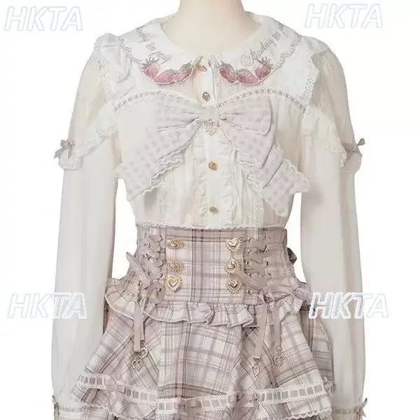 Japanese Mass Produced New Sweet Doll Collar Lolita Strawberry White Shirt Female 2026 Spring Pleated Lace Bow Blouses Top Women